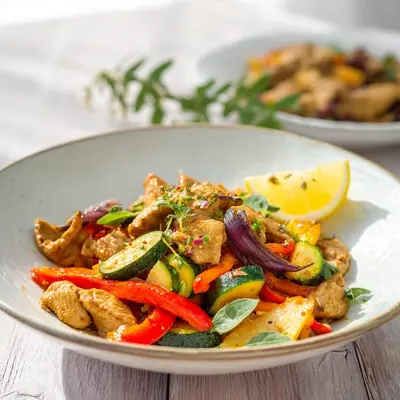 Gyros Geschnetzeltes Low Carb: Mediterranes Röstgemüse dazu