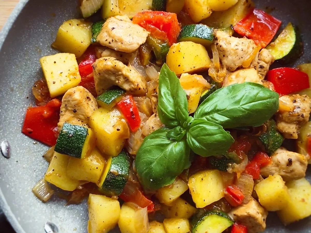 Hähnchen-Kartoffel-Pfanne mit frischem Gemüse - Beitragsbild