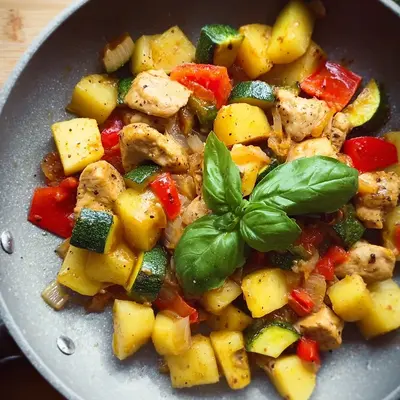Hähnchen-Kartoffel-Pfanne mit frischem Gemüse