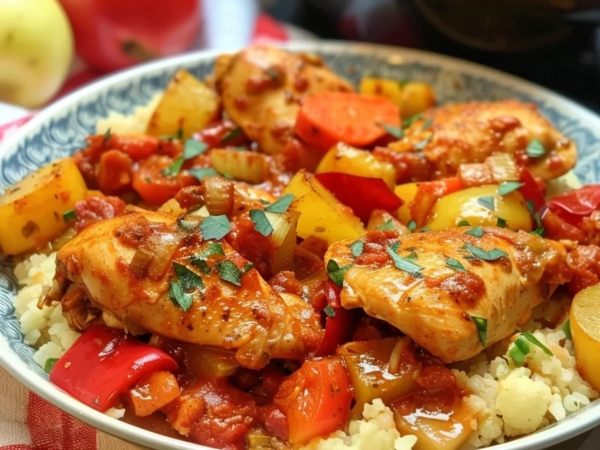 Hähnchen-Pörkölt Low Carb: Herzhaft mit Blumenkohlreis - Beitragsbild