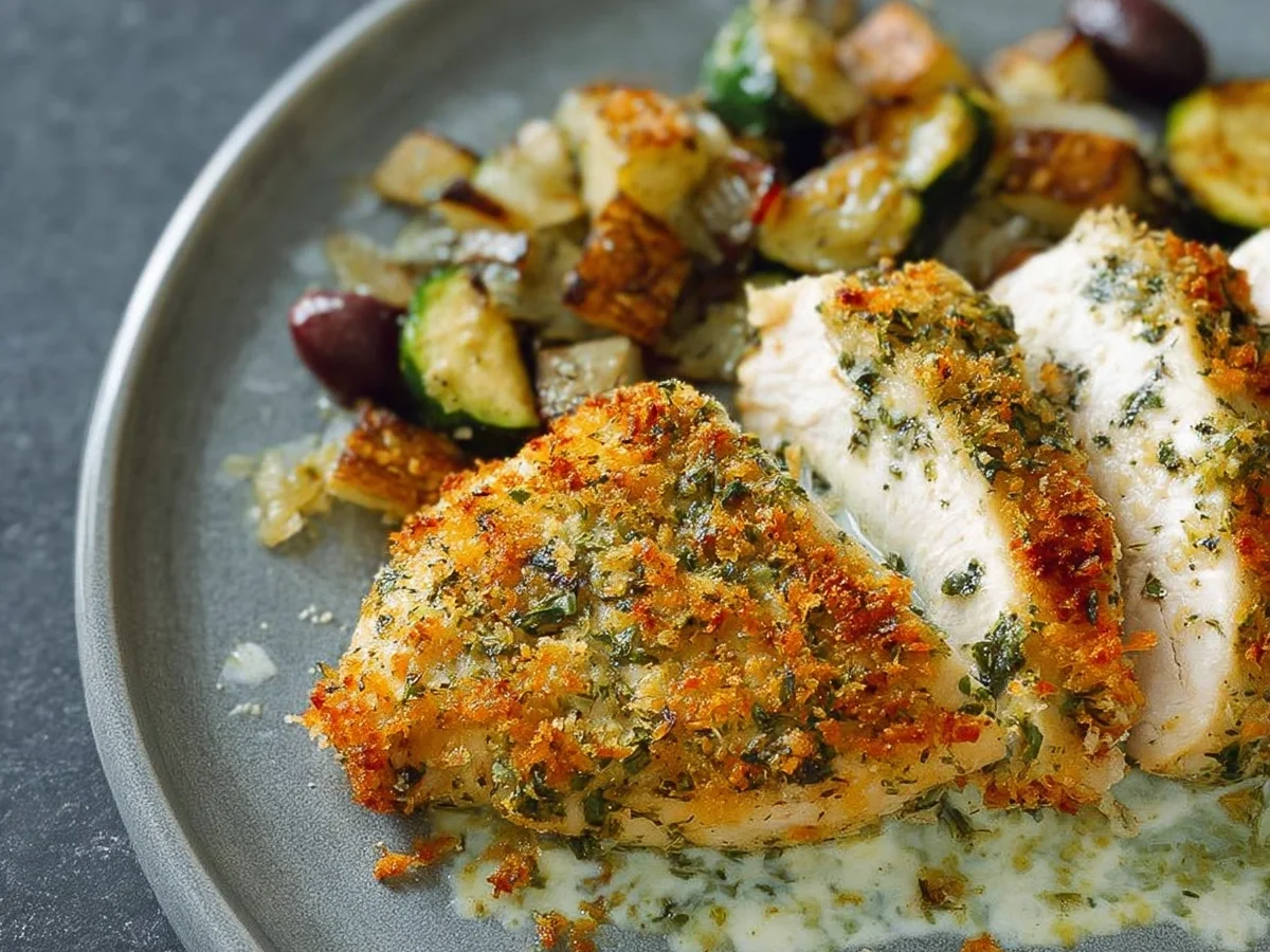 Hähnchenfilet mit knuspriger Kräuterkruste aus dem Ofen - Beitragsbild