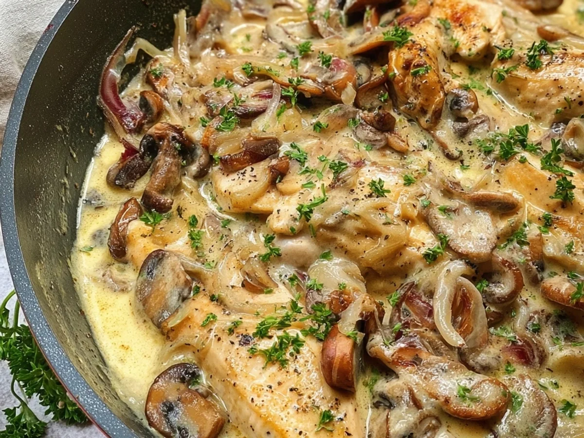 Hähnchengeschnetzeltes mit Champignons & Pfefferrahmsoße - Beitragsbild