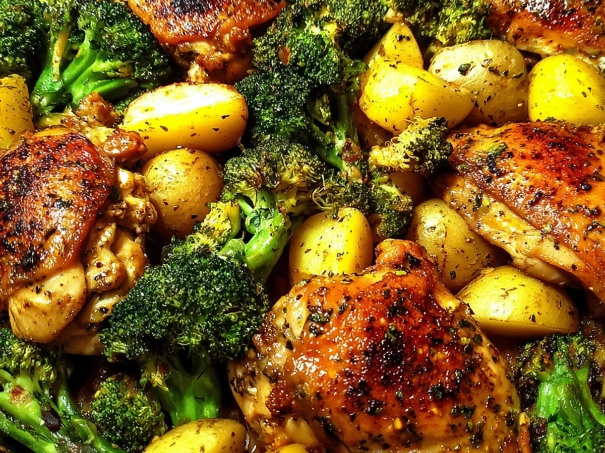 Honig-Knoblauch Hähnchenpfanne mit Brokkoli & Kartoffeln - Beitragsbild