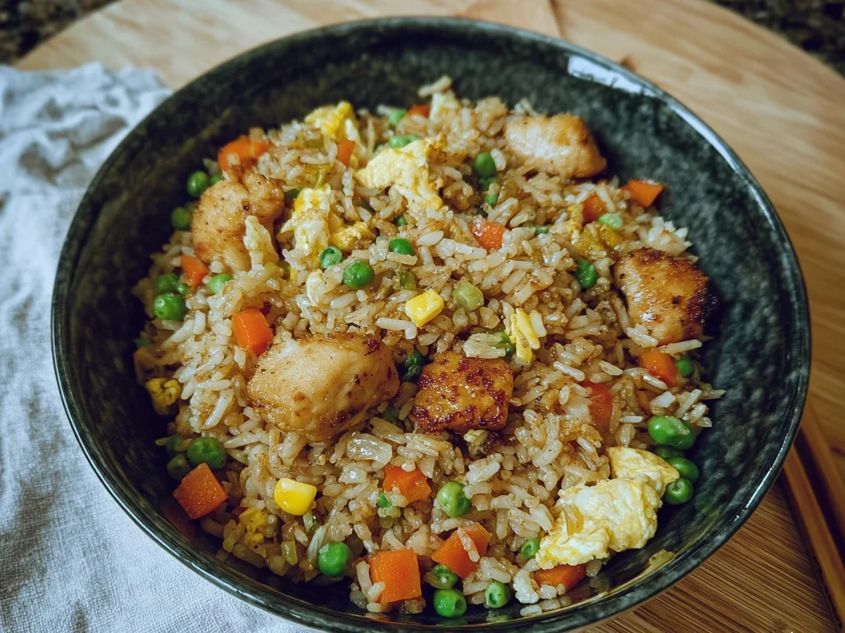 Knuspriger Gebratener Reis mit Hähnchen aus dem Airfryer - Beitragsbild