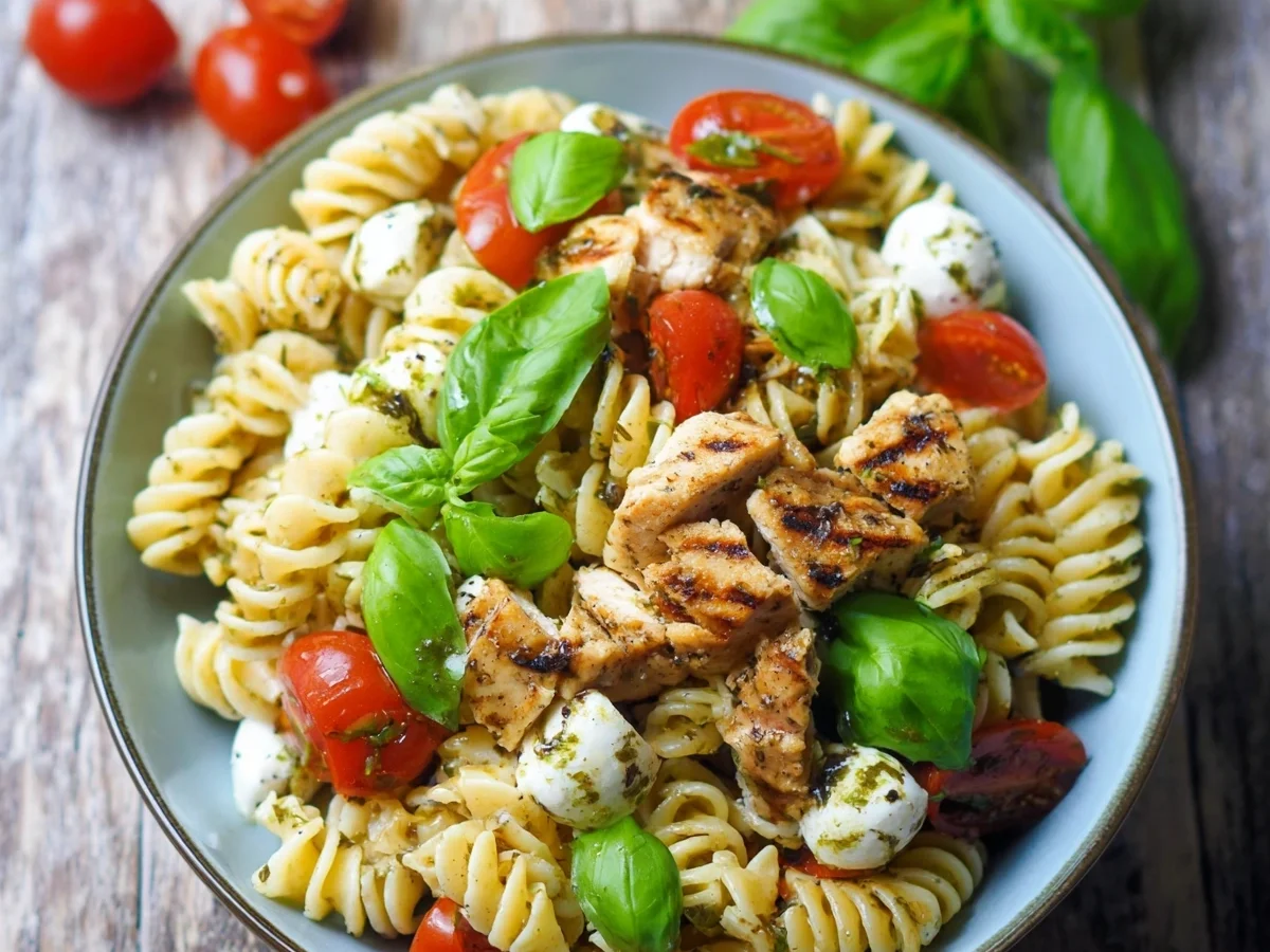 Nudelsalat Caprese mit Hähnchenbrustwürfeln - Beitragsbild