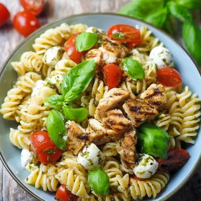 Nudelsalat Caprese mit Hähnchenbrustwürfeln