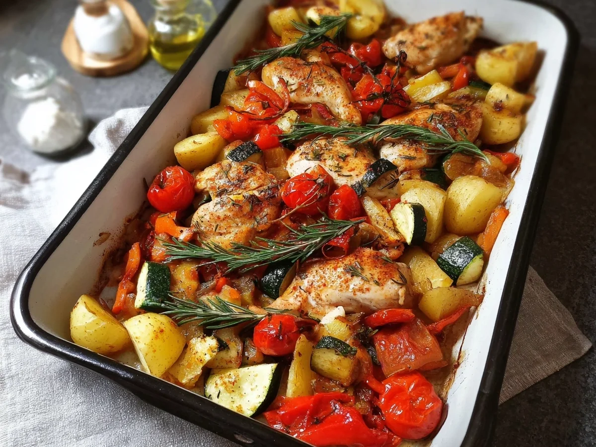 Ofenhähnchen mit mediterranem Gemüse vom Blech - Beitragsbild