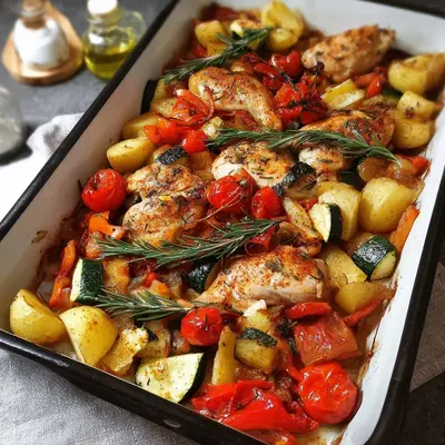 Ofenhähnchen mit mediterranem Gemüse vom Blech