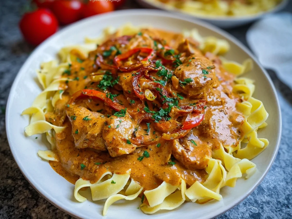 Paprika Sahne Hähnchen mit Bandnudeln Einfach & lecker - Beitragsbild