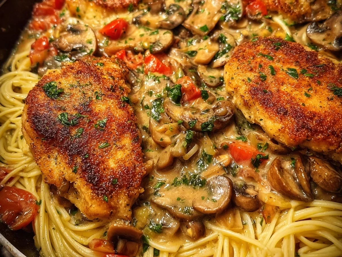 Pasta mit Parmesan Hähnchen in Champignon-Peperoni-Soße - Beitragsbild