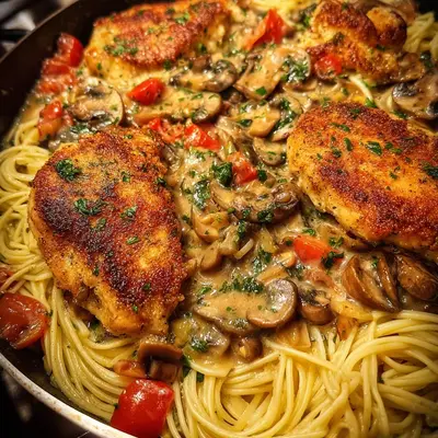 Pasta mit Parmesan Hähnchen in Champignon-Peperoni-Soße