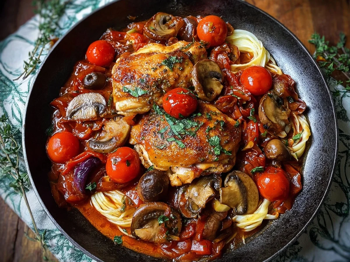 Pikante Hähnchenpfanne Cacciatore mit Tomaten & Pilzen - Beitragsbild