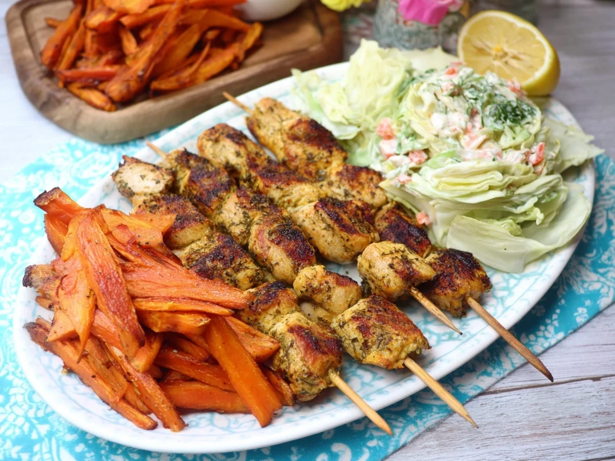 Puten-Souvlaki: Saftig mit Röstkarotten & Spitzkohlsalat - Beitragsbild