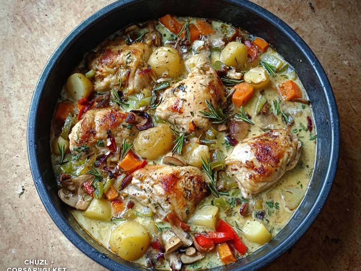 Rustikales Ofenhuhn mit Gemüse & cremiger Soße - Beitragsbild