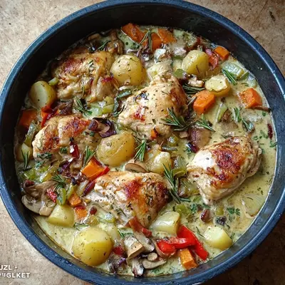 Rustikales Ofenhuhn mit Gemüse & cremiger Soße