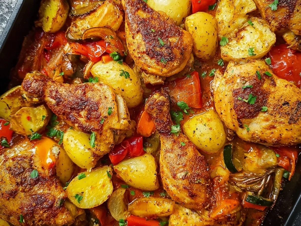 Saftige Hähnchenschenkel & Ofengemüse: Einfach & Lecker - Beitragsbild