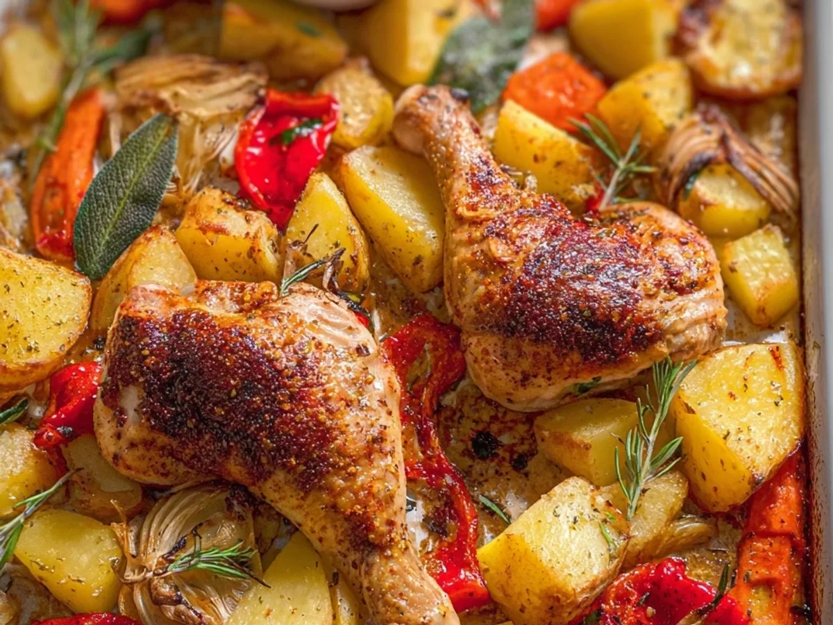 Saftige Knusper-Hähnchenschenkel mit Ofengemüse - Beitragsbild
