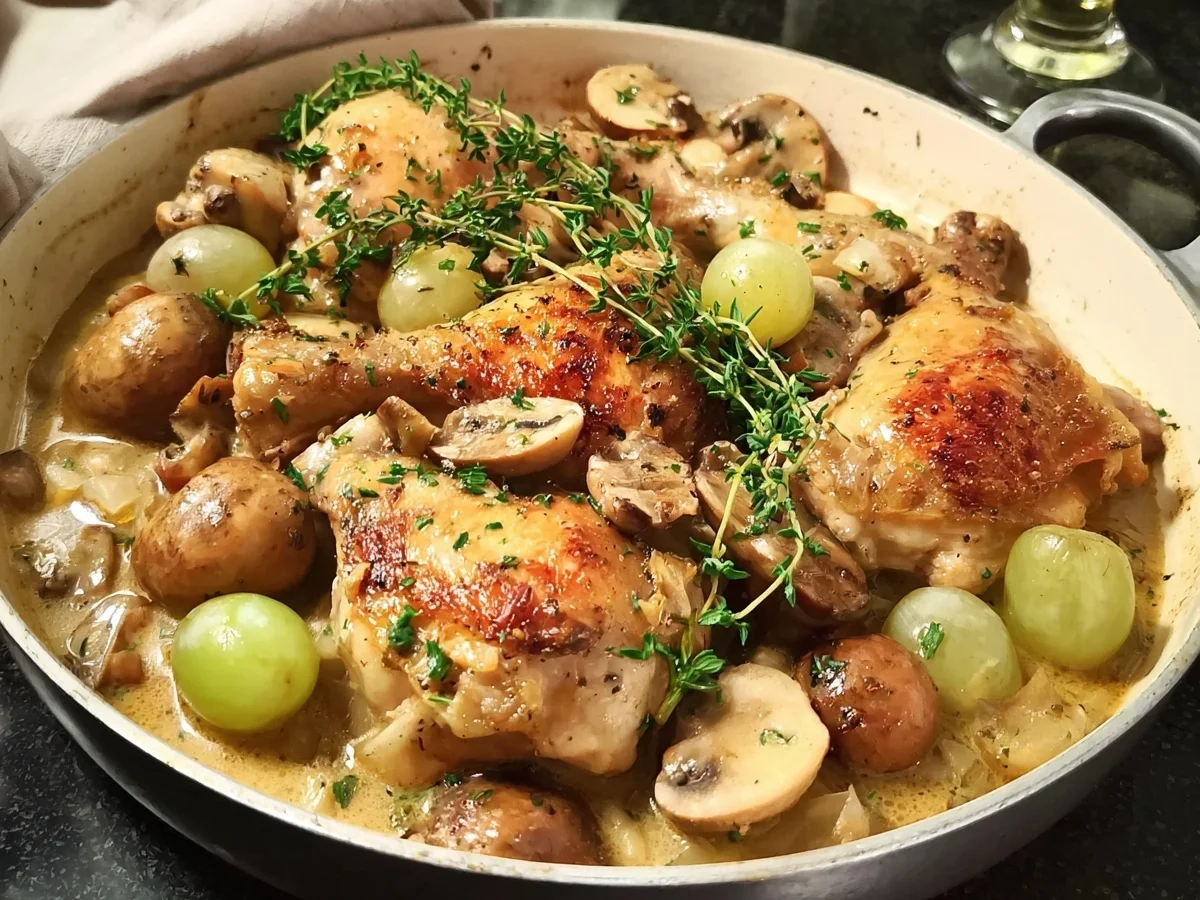 Saftiges Huhn mit Pilzen & Trauben in Hühnerbrühe-Sauce - Beitragsbild