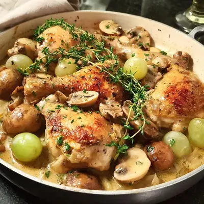 Saftiges Huhn mit Pilzen & Trauben in Hühnerbrühe-Sauce