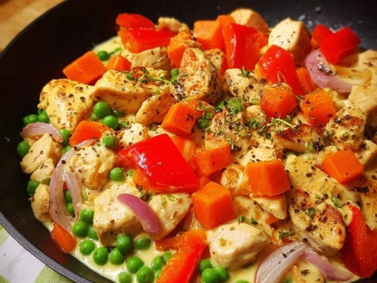 Schnelle Hähnchenpfanne mit Senfsauce & Gemüse - Beitragsbild