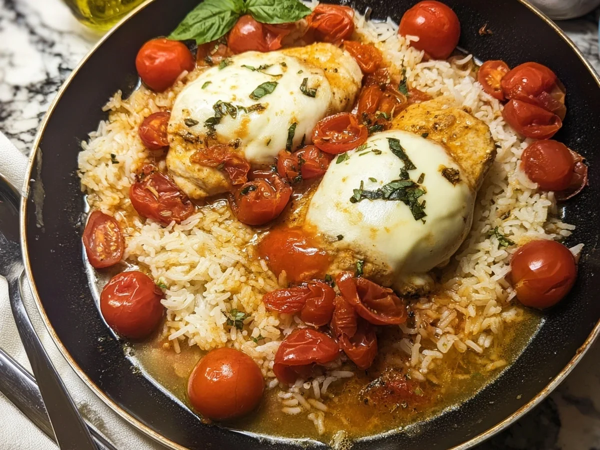 Schnelle Tomate Mozzarella Hähnchenpfanne mit Reis - Beitragsbild