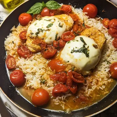 Schnelle Tomate Mozzarella Hähnchenpfanne mit Reis