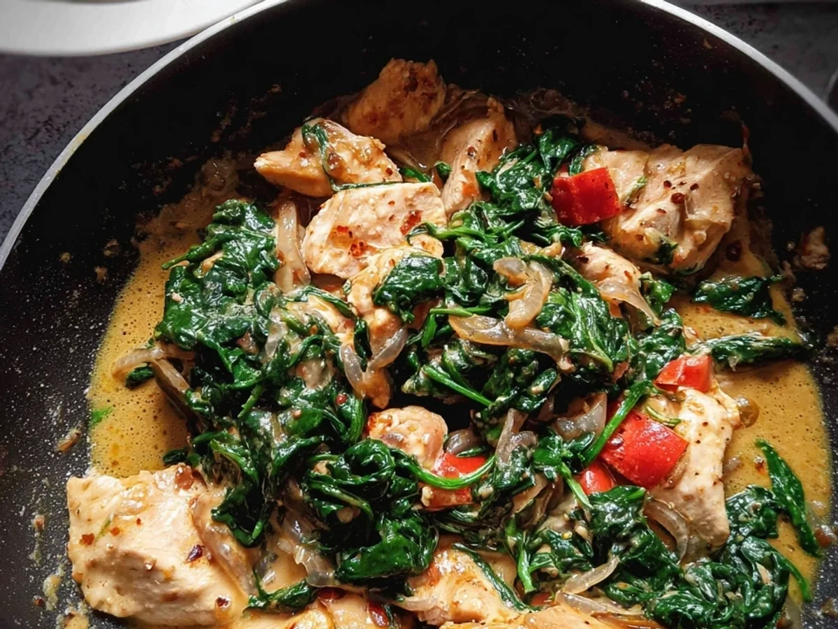 Schnelle Würzige Hähnchenpfanne mit Kokos & Spinat - Beitragsbild