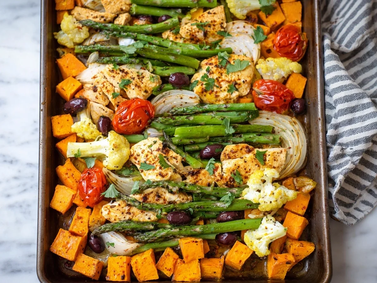 Schnelles Ein-Blech-Gericht: Hähnchen, Süßkartoffeln & Spargel - Beitragsbild