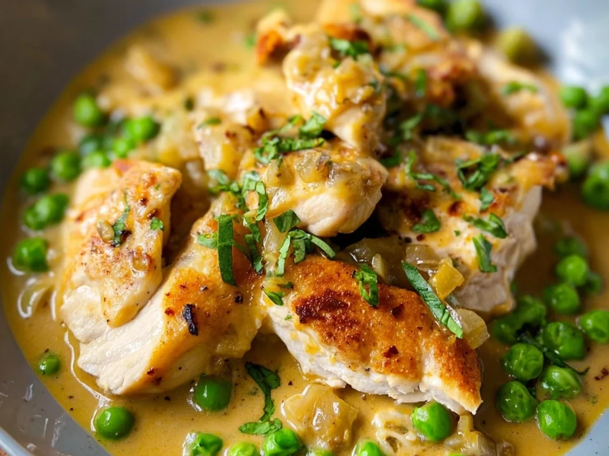 Schnelles Hähnchen mit Erbsen in Senf-Sahne-Sauce - Beitragsbild