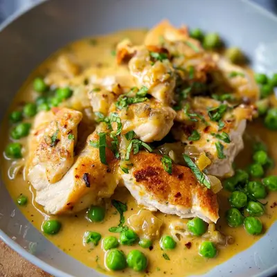 Schnelles Hähnchen mit Erbsen in Senf-Sahne-Sauce