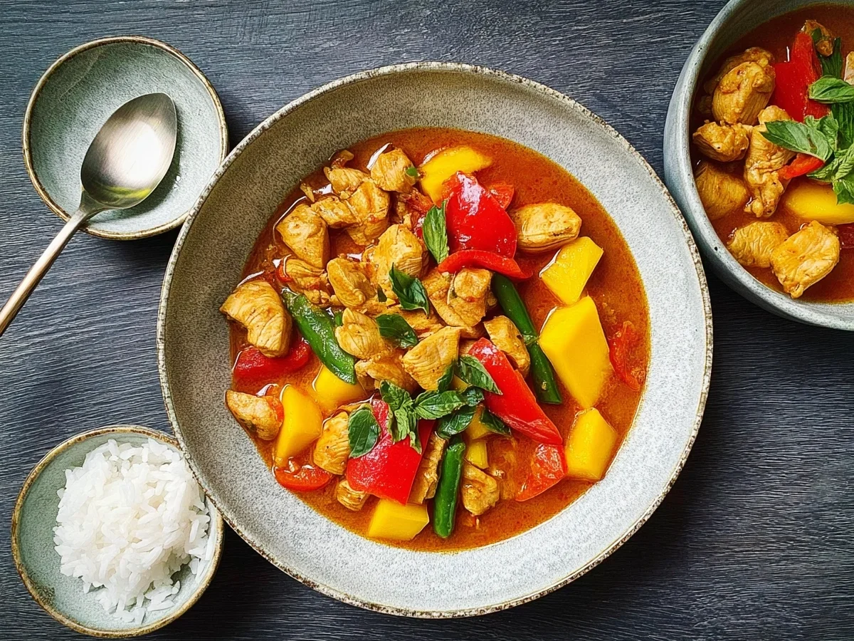 Schnelles Rotes Thai-Hühnchen-Curry mit Mango - Beitragsbild
