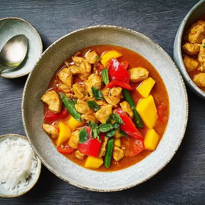 Schnelles Rotes Thai-Hühnchen-Curry mit Mango