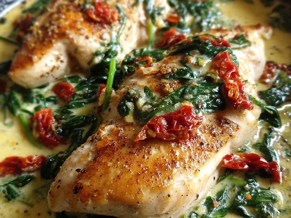 Spinat Parmesan Hähnchen mit getrockneten Tomaten - Beitragsbild