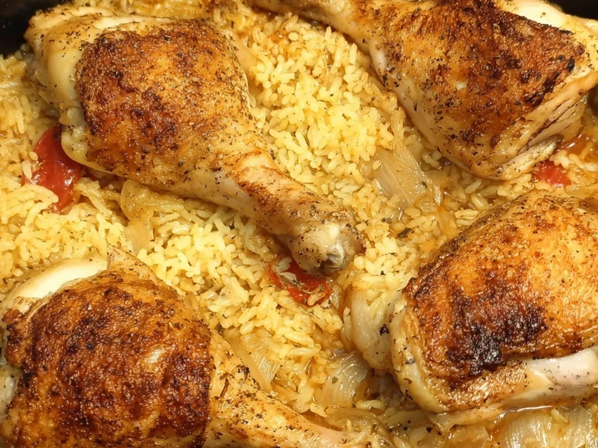 Zarte Hähnchenkeulen Reis One Pot Dampfofen - Beitragsbild