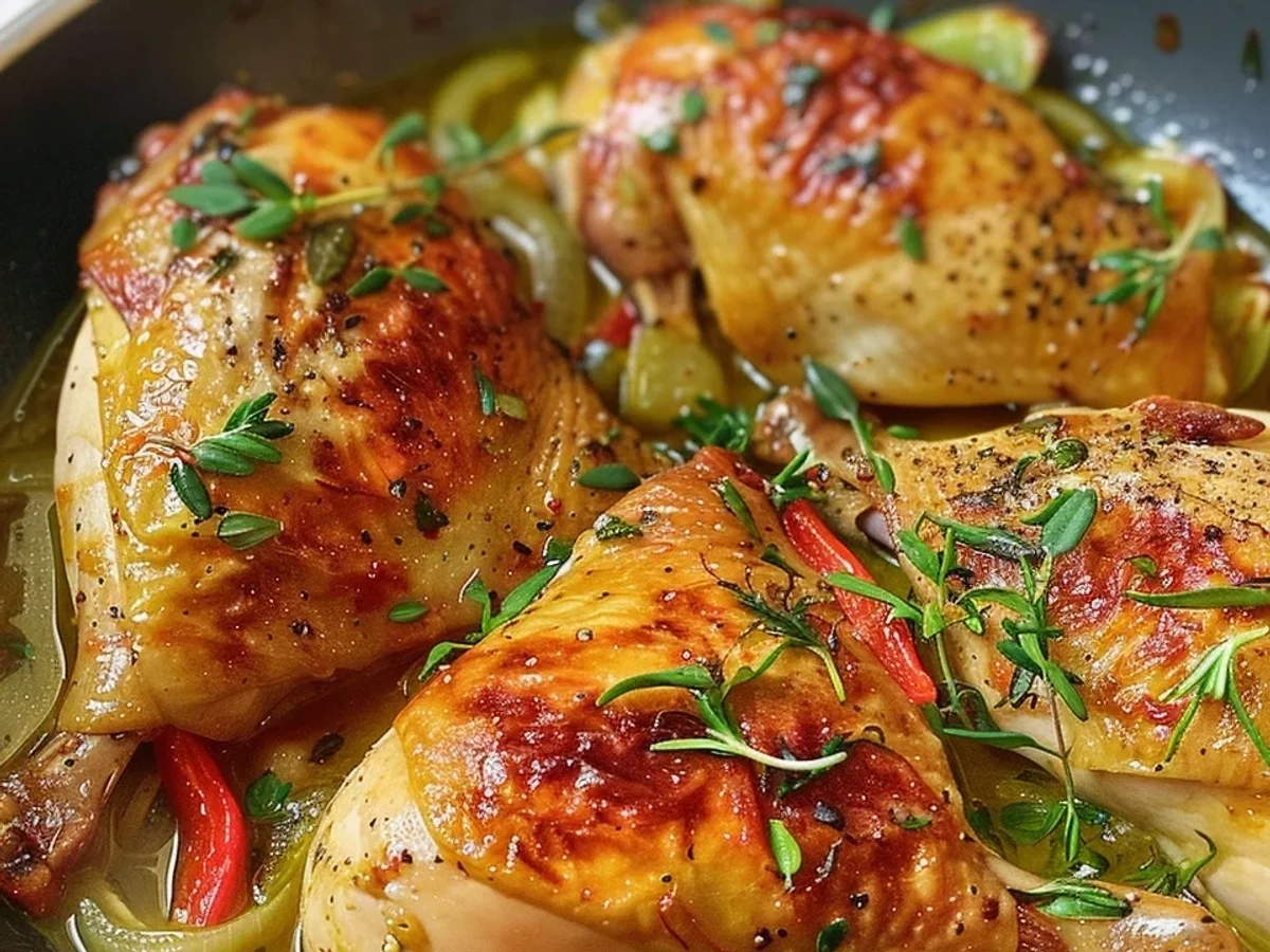 Zarte Hähnchenschenkel in der Pfanne schmoren: Mein Rezept - Beitragsbild