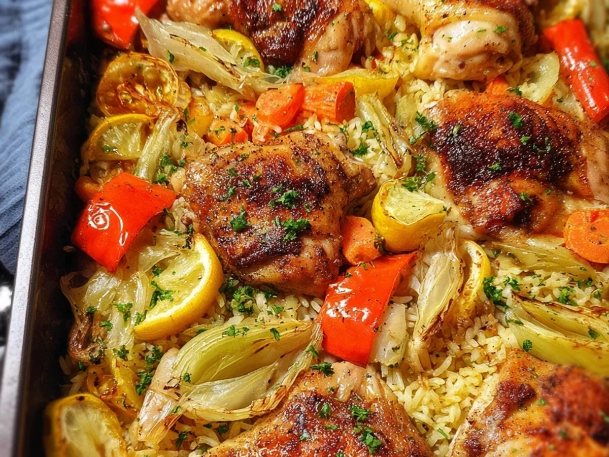 Zartes Ofenhuhn mit Gemüsereis Ein Blechgericht - Beitragsbild