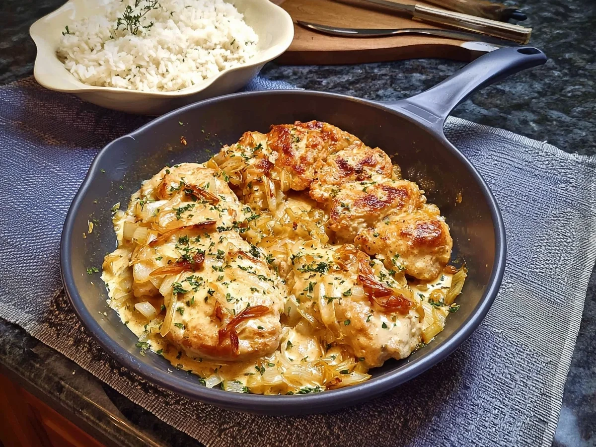 Zwiebel-Sahne-Hähnchen: Einfaches Familienrezept - Beitragsbild